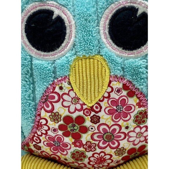 2014 Animal Adventure Corduroy Turquoise Blue Flat Owl Floral Plush Stuffed - Picture 2 of 5